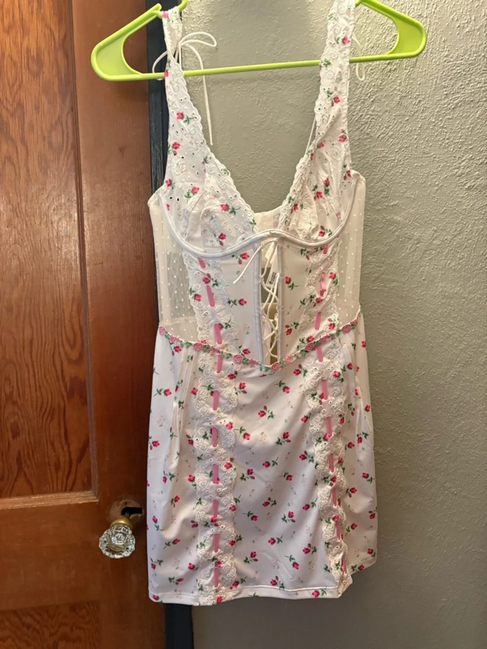 For Love And Lemons White Slip Dress with Pink Rose Embroidery - Picture 1 of 5